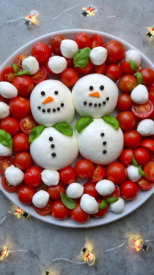 Burrata snowmen with cherry tomatoes